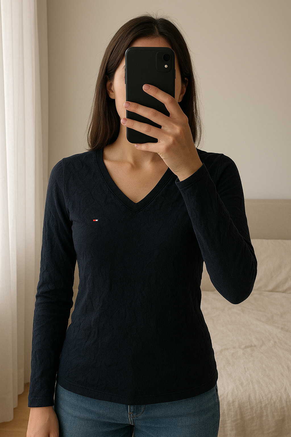 Tommy Hilfiger jumper de pie, mirando a la cámara, en un dormitorio con luz suave y natural filtrándose por la ventana.