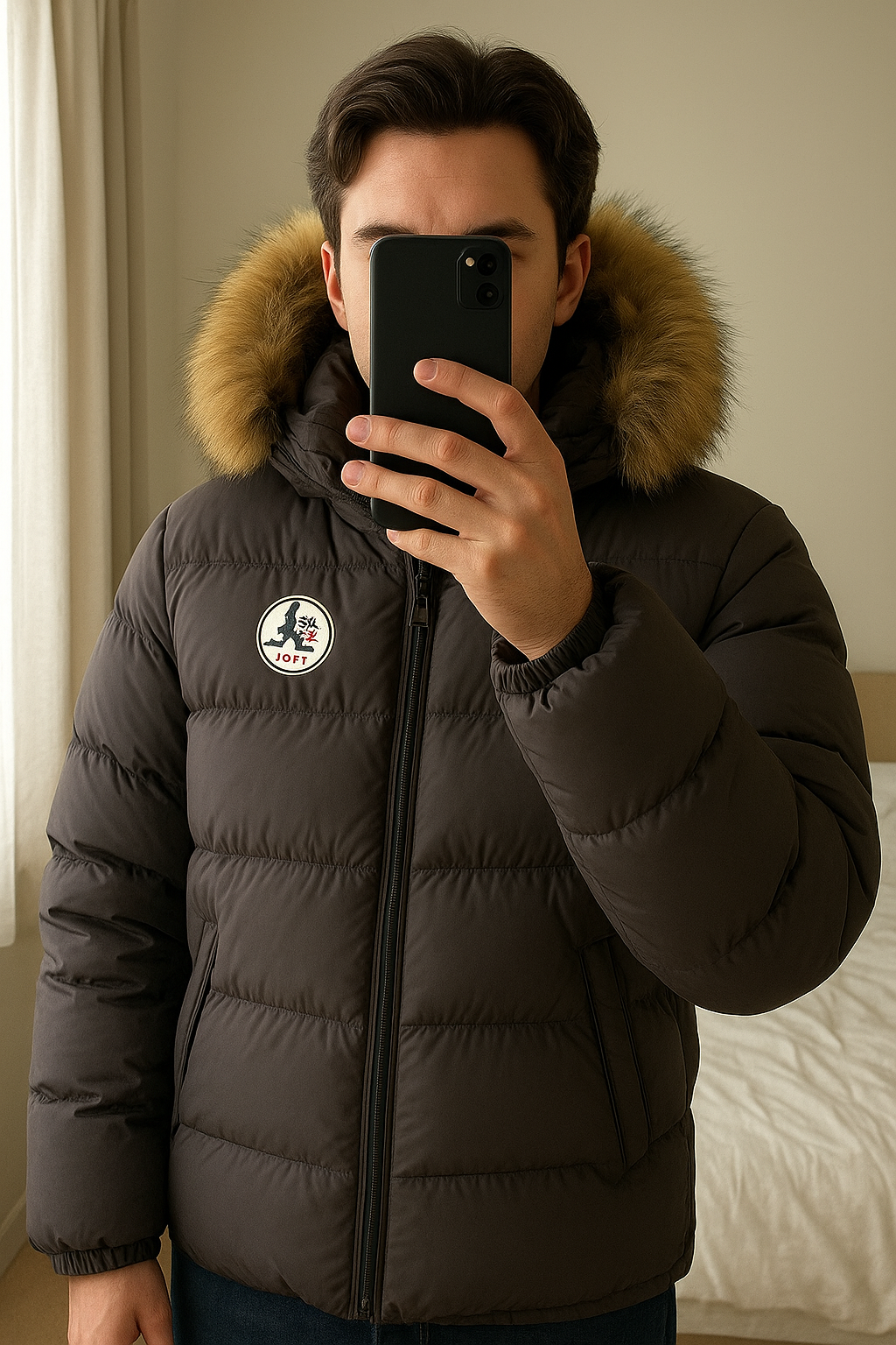 Doudoune Jott Prestige 2.0 debout, face à la caméra, dans une chambre à la lumière douce, avec une lumière naturelle filtrant par la fenêtre.