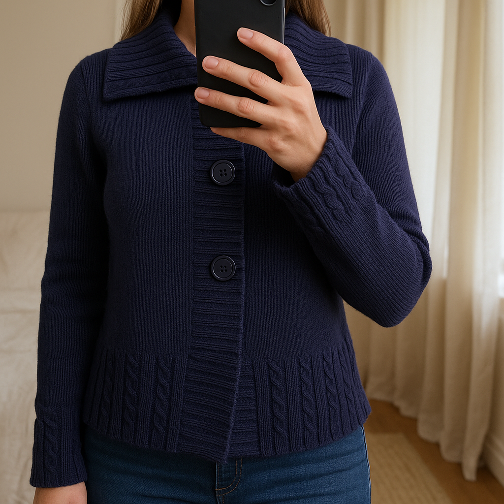 Magnifique cardigan tricot hiver femme violet taille L debout, face à la caméra, dans une chambre à la lumière douce, avec une lumière naturelle filtrant par la fenêtre.