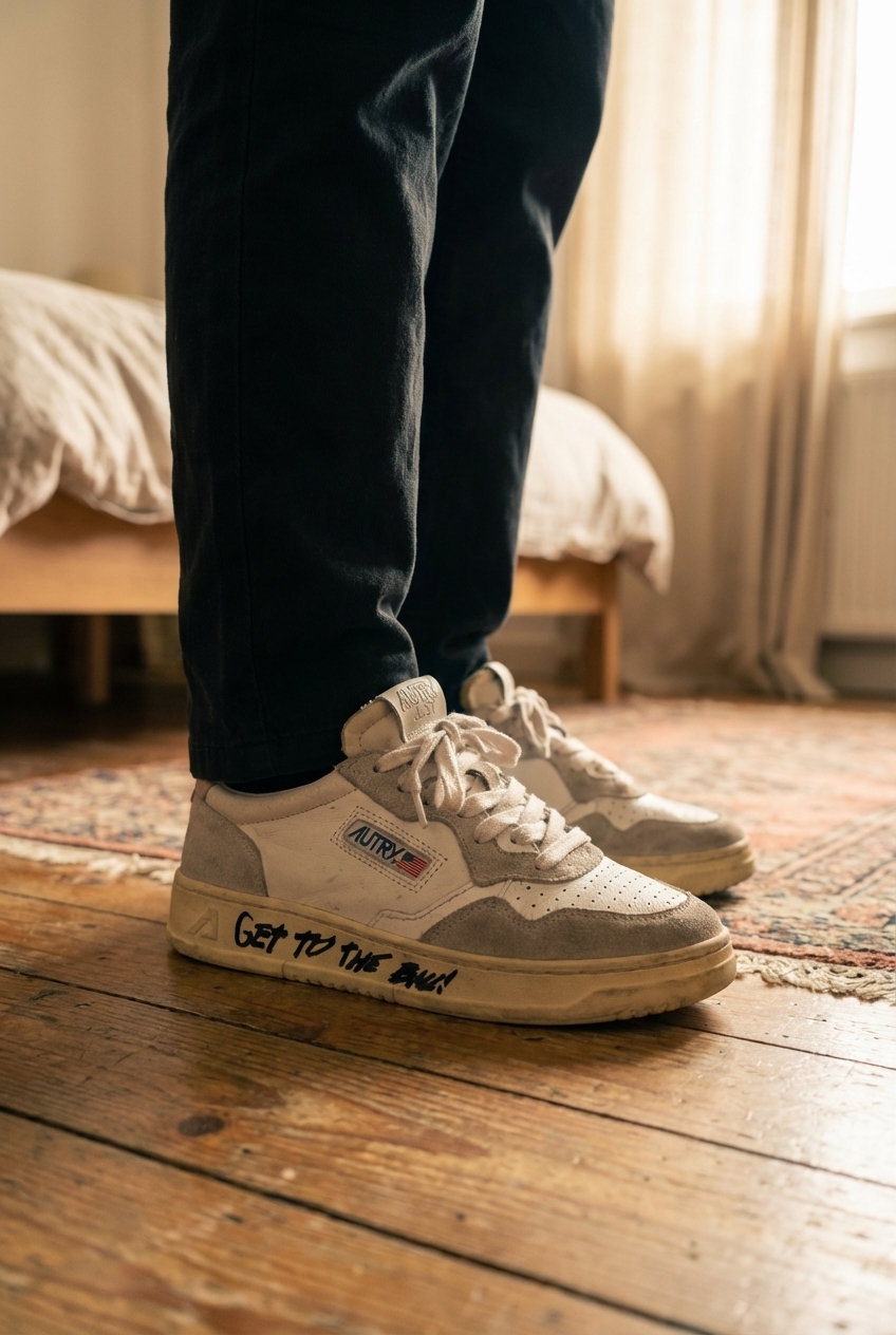 Baskets Autry Medalist debout, face à la caméra, dans une chambre à la lumière douce, avec une lumière naturelle filtrant par la fenêtre.