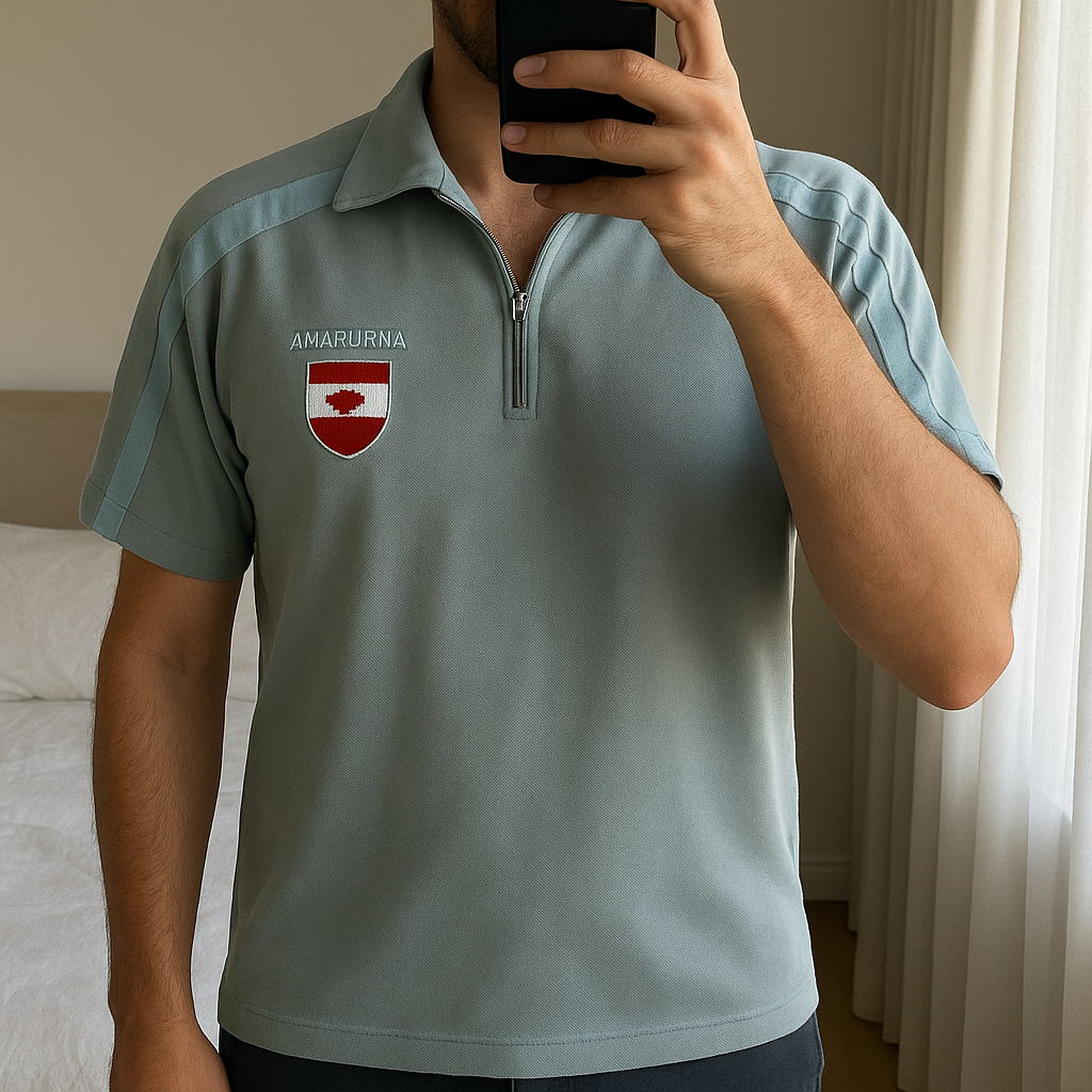 Polo anapurna debout, face à la caméra, dans une chambre à la lumière douce, avec une lumière naturelle filtrant par la fenêtre.