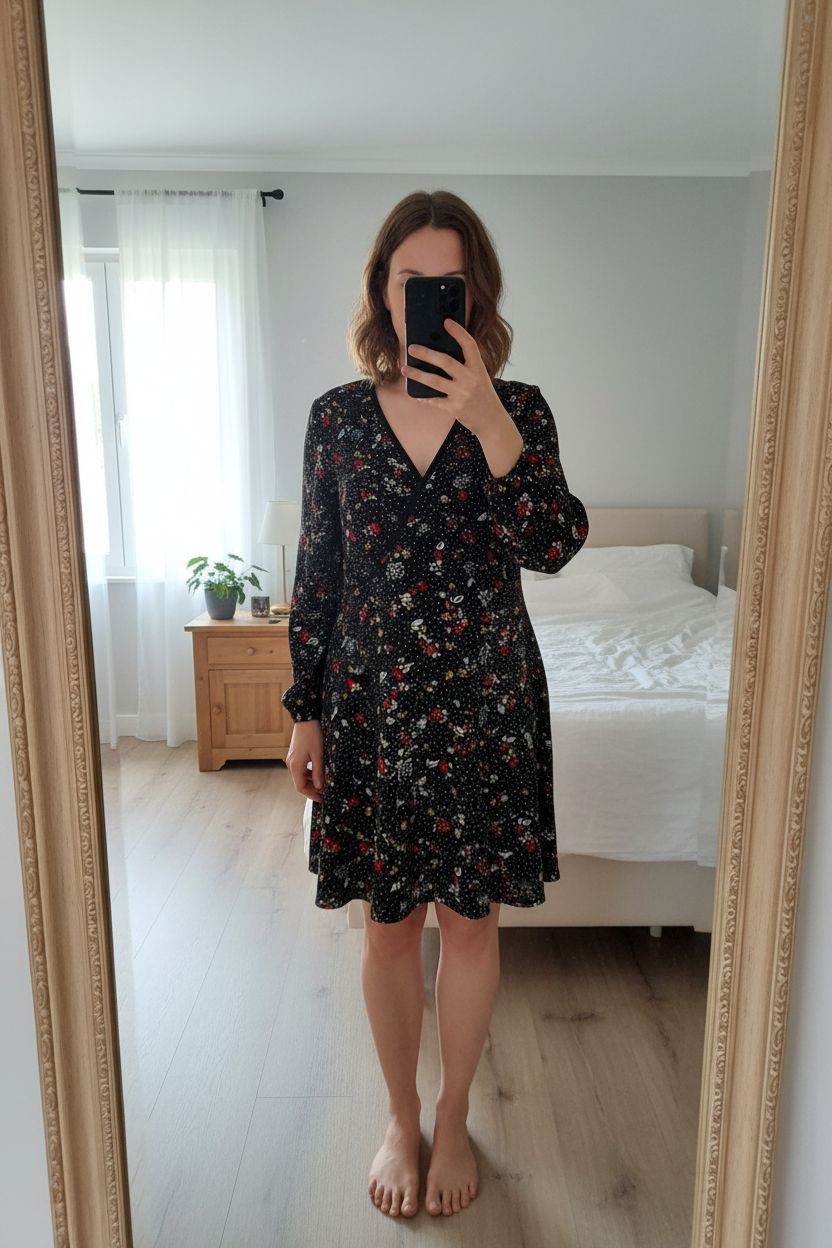 Une personne en Robe noire à pois blancs et fleurs jaunes et rouges debout, face à la caméra, avec une silhouette légèrement plus ronde, dans une chambre à la lumière douce, avec une lumière naturelle filtrant par la fenêtre.