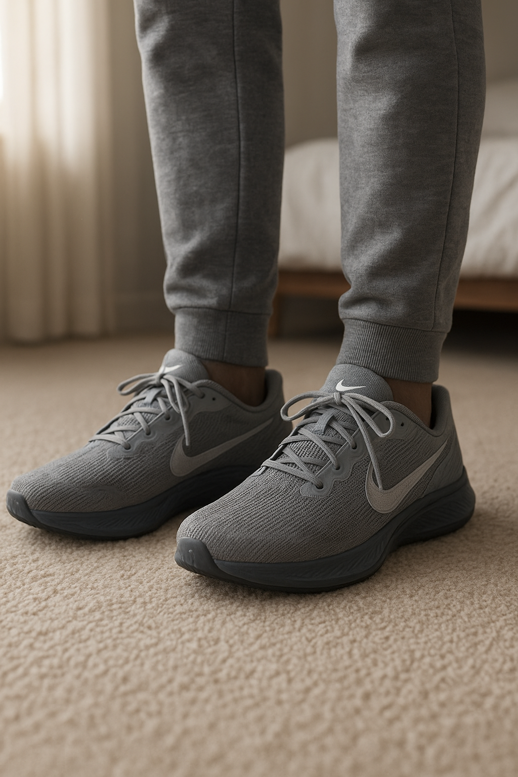 Metcon nike gris 41 debout, face à la caméra, dans une chambre à la lumière douce, avec une lumière naturelle filtrant par la fenêtre.