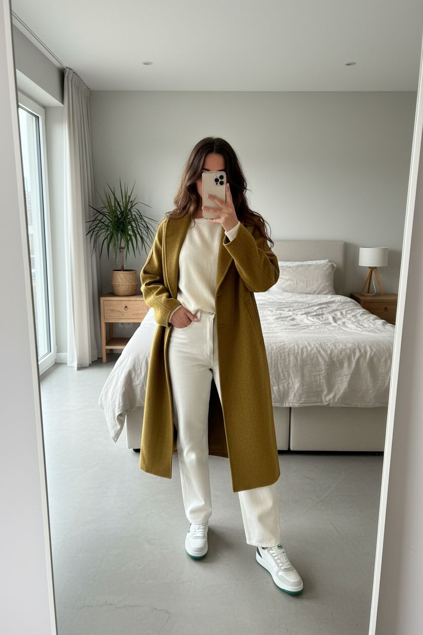 Manteau American vintage debout, face à la caméra, dans une chambre à la lumière douce, avec une lumière naturelle filtrant par la fenêtre.