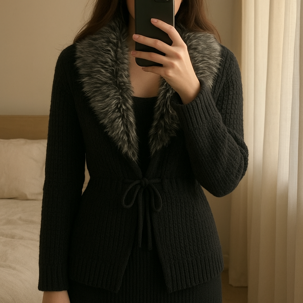 Gilet / cardigan sans manches debout, face à la caméra, dans une chambre à la lumière douce, avec une lumière naturelle filtrant par la fenêtre.