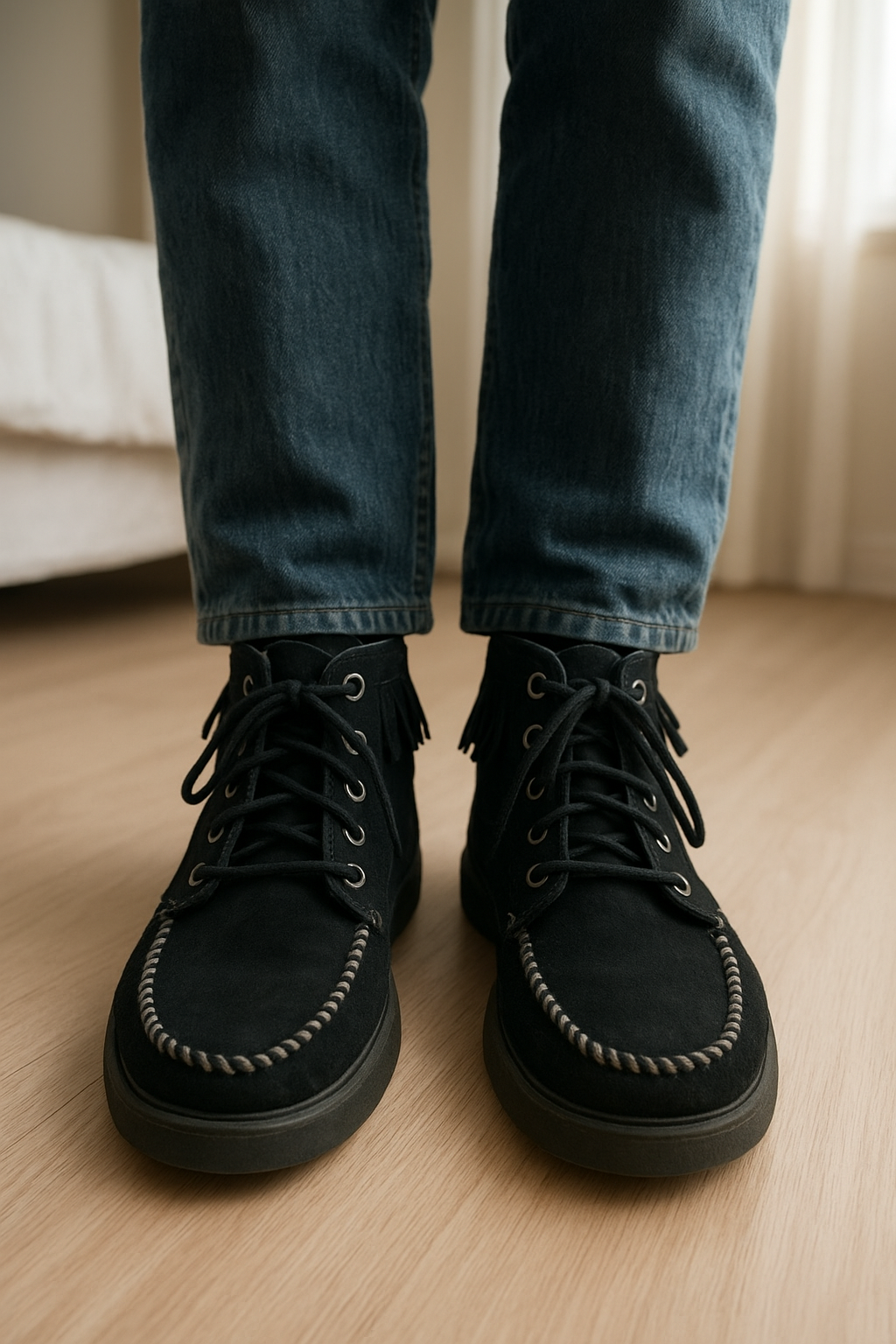 Bottines boots Ugg debout, face à la caméra, dans une chambre à la lumière douce, avec une lumière naturelle filtrant par la fenêtre.