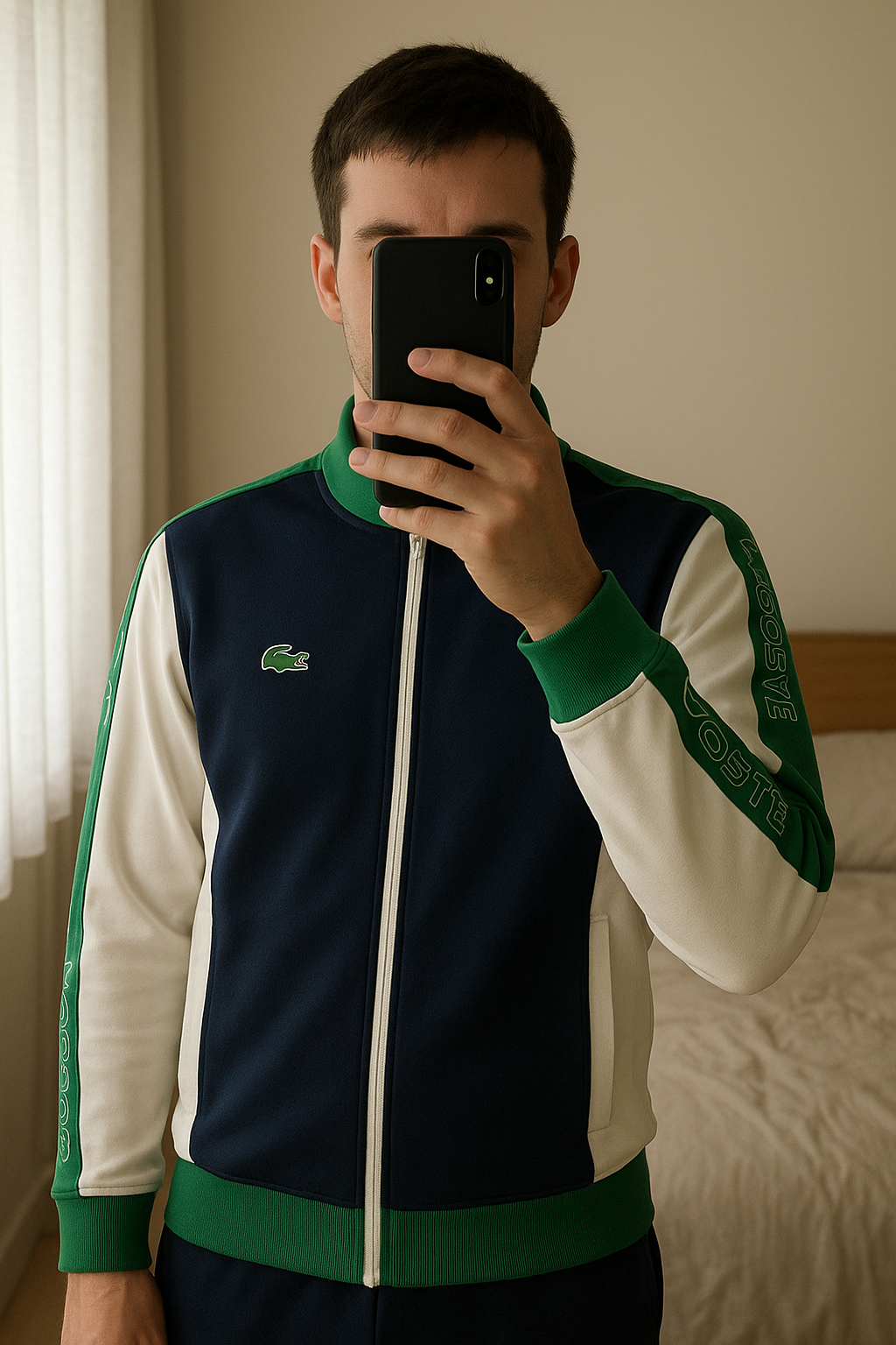 Gilet Lacoste – Taille S debout, face à la caméra, dans une chambre à la lumière douce, avec une lumière naturelle filtrant par la fenêtre.