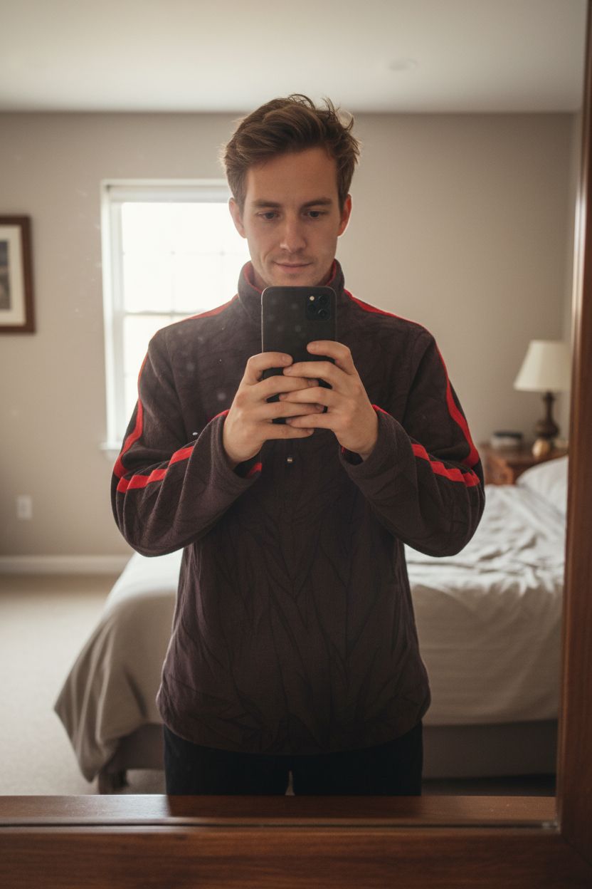 Polaire tommy Hilfinger debout, face à la caméra, dans une chambre à la lumière douce, avec une lumière naturelle filtrant par la fenêtre.