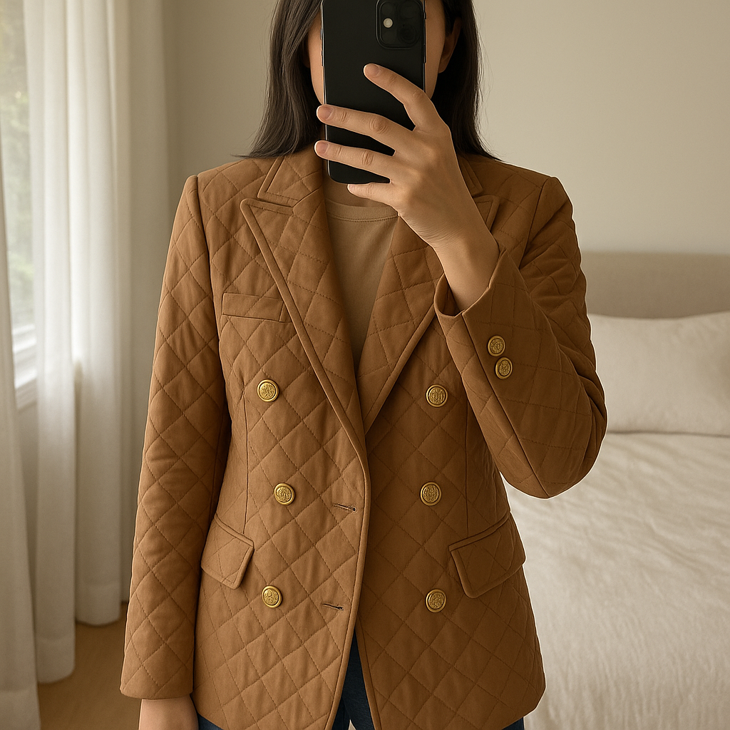 Camel Faux Leather blazer UK 12 standing straight facing the camera, in a softly lit bedroom setting, with gentle natural light filtering through a window.