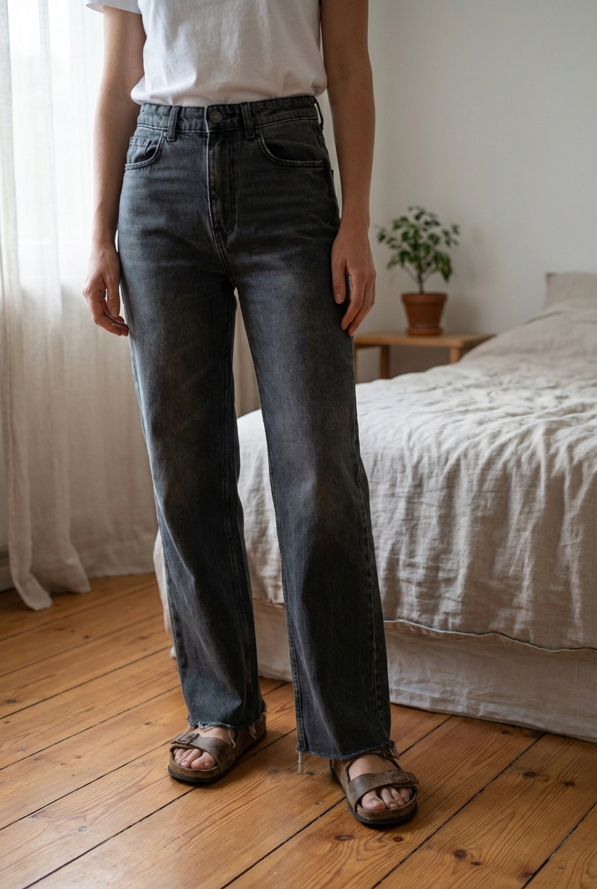 Jeans taille haute gris 34 - jeans a vita Alta 34 Grigio in piedi, rivolto verso la fotocamera, in una camera da letto con luce soffusa e luce naturale che filtra dalla finestra.