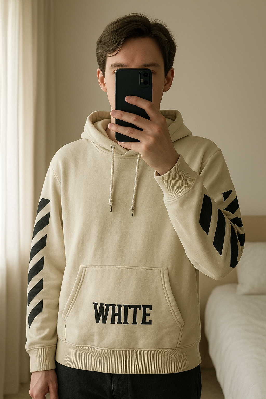 Off White Sweat-shirt, Sweat à capuche, pull, beige, crème, jaune, peau, Offwhite, Virgil abloh debout, face à la caméra, dans une chambre à la lumière douce, avec une lumière naturelle filtrant par la fenêtre.