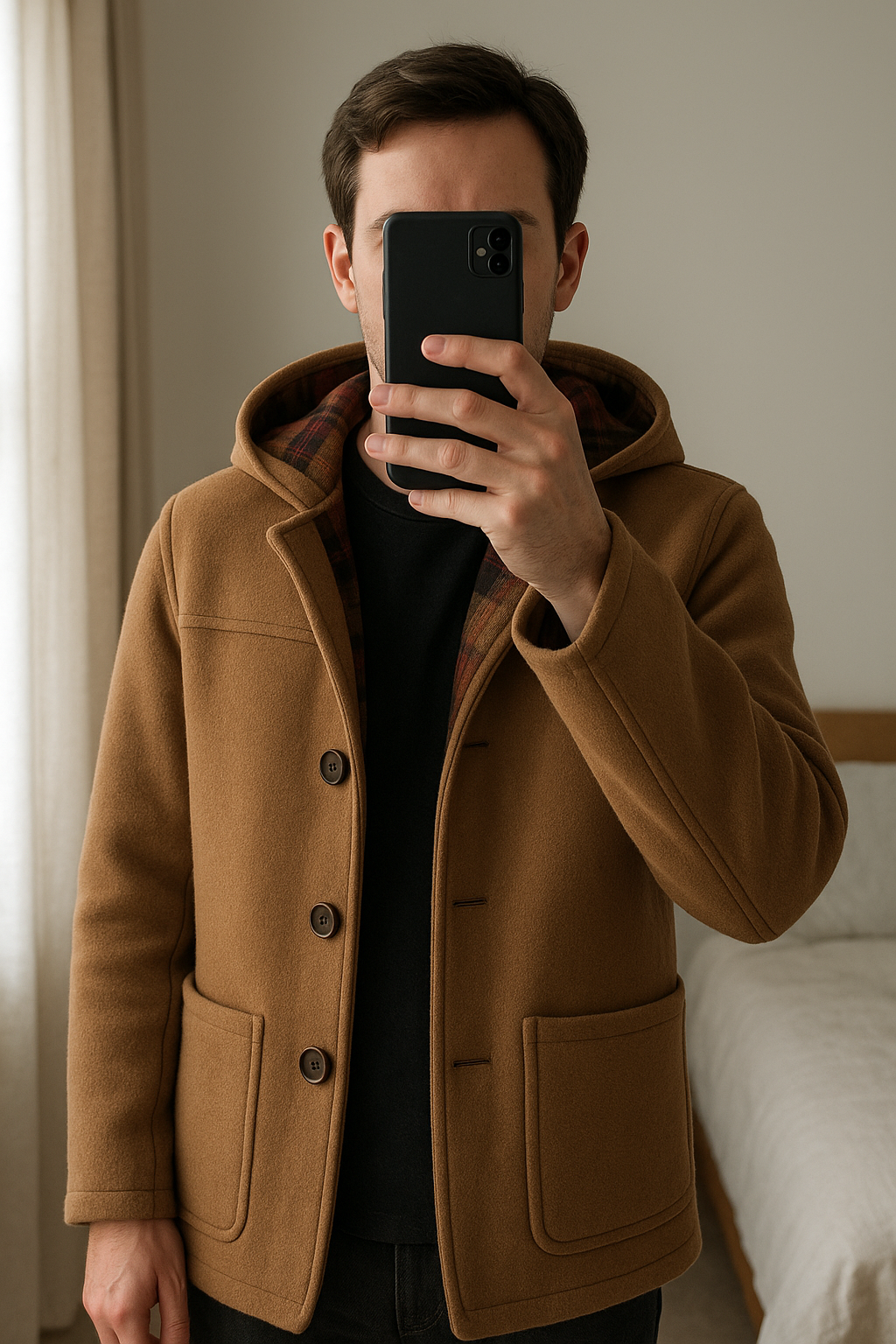 Men’s duffel coat standing straight facing the camera, in a softly lit bedroom setting, with gentle natural light filtering through a window.
