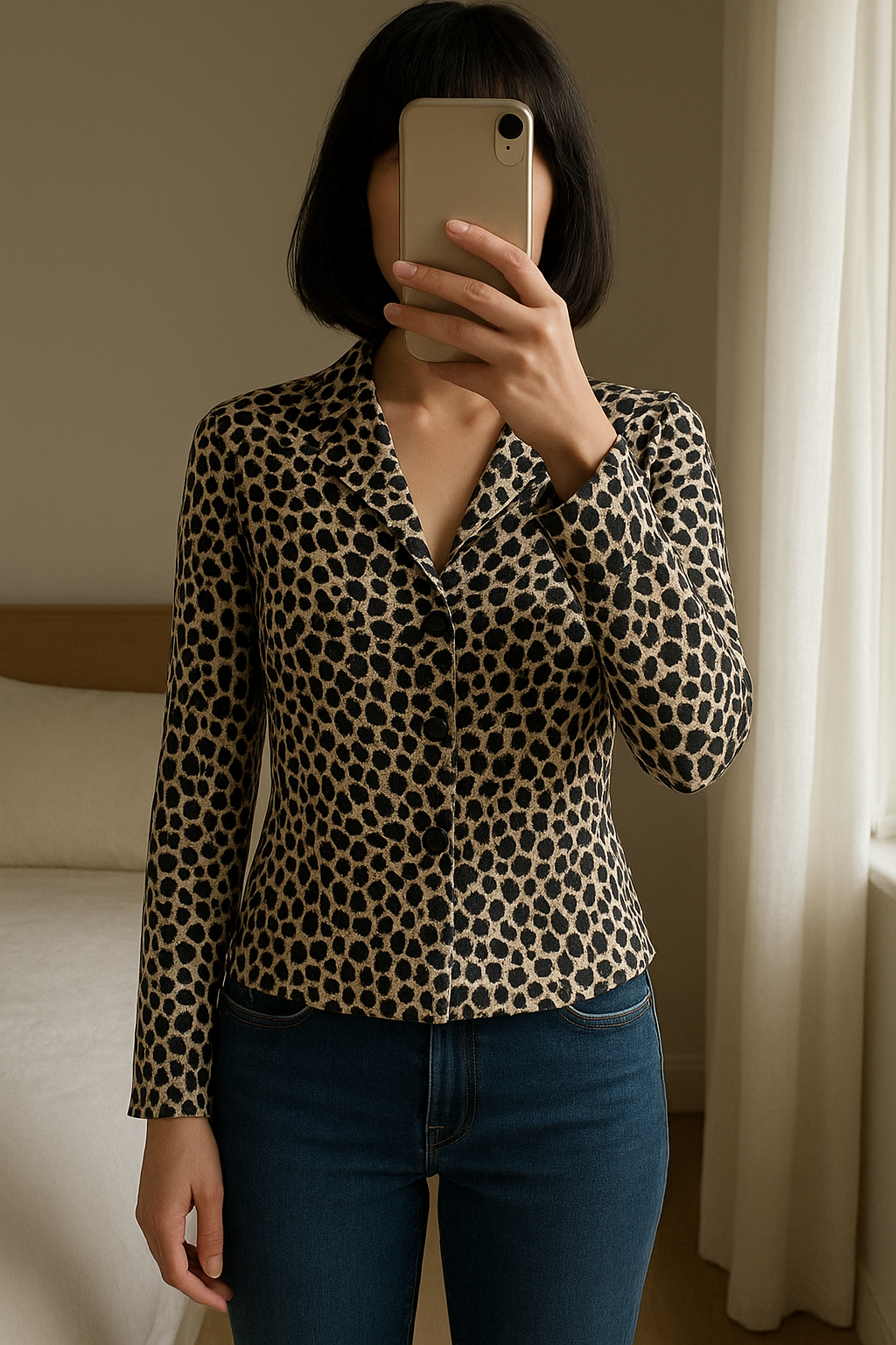 :
Blazer en jersey léopard marron, crème et noir - Saint-Tropez - Taille 38/M debout, face à la caméra, dans une chambre à la lumière douce, avec une lumière naturelle filtrant par la fenêtre.