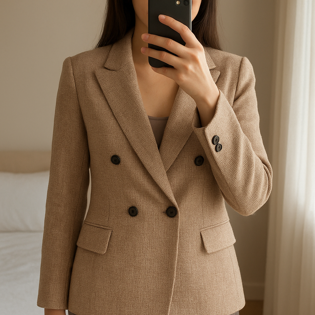 🧥 Blazer Gardenia Paris oversize T40/42 – vintage 80’s/90’s carreaux chic debout, face à la caméra, dans une chambre à la lumière douce, avec une lumière naturelle filtrant par la fenêtre.