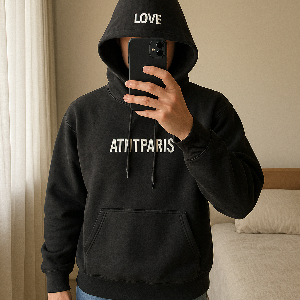 Sweat à capuche ATNT Paris noir taille S debout, face à la caméra, dans une chambre à la lumière douce, avec une lumière naturelle filtrant par la fenêtre.