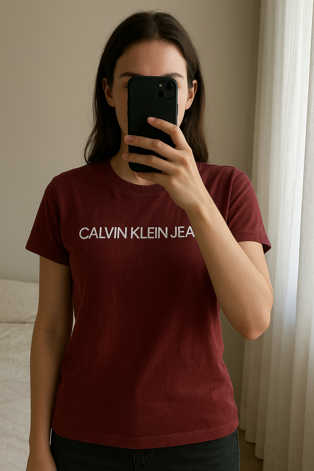 Calvin Glenn jeans top size med standing straight facing the camera, in a softly lit bedroom setting, with gentle natural light filtering through a window.