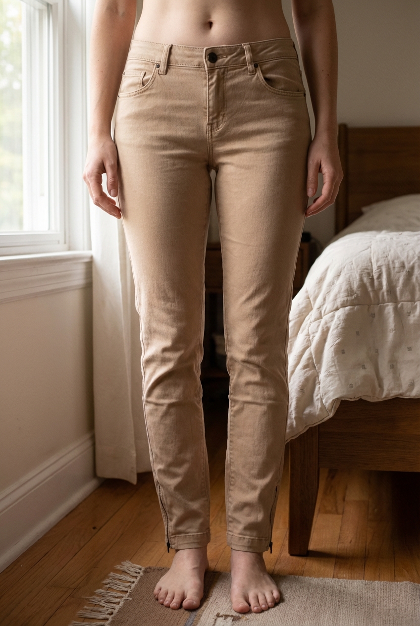 Pantalon skinny étam rose poudré debout, face à la caméra, dans une chambre à la lumière douce, avec une lumière naturelle filtrant par la fenêtre.