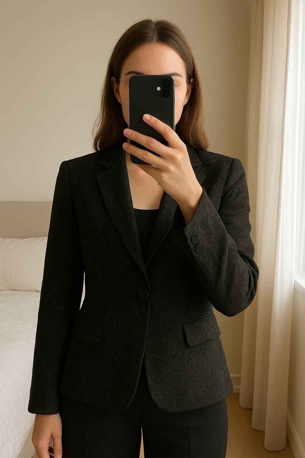 Phase Eight Black Jacquard Blazer | Size 12 standing straight facing the camera, in a softly lit bedroom setting, with gentle natural light filtering through a window.