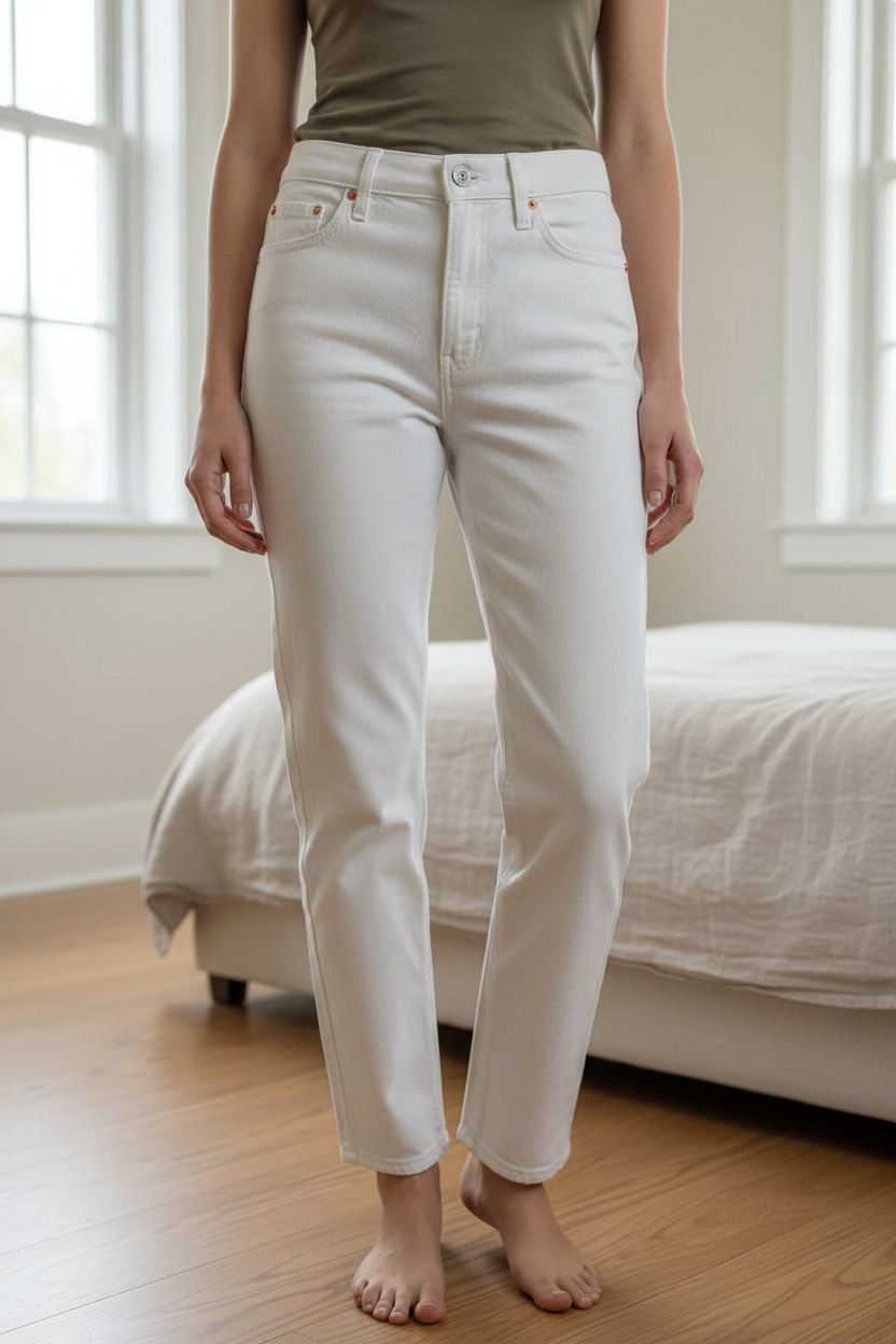 Pantalon droit blanc cassé Mango debout, face à la caméra, dans une chambre à la lumière douce, avec une lumière naturelle filtrant par la fenêtre.