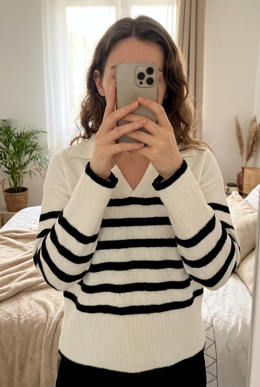 Pull Jennyfer taille M très bonne état debout, face à la caméra, dans une chambre à la lumière douce, avec une lumière naturelle filtrant par la fenêtre.