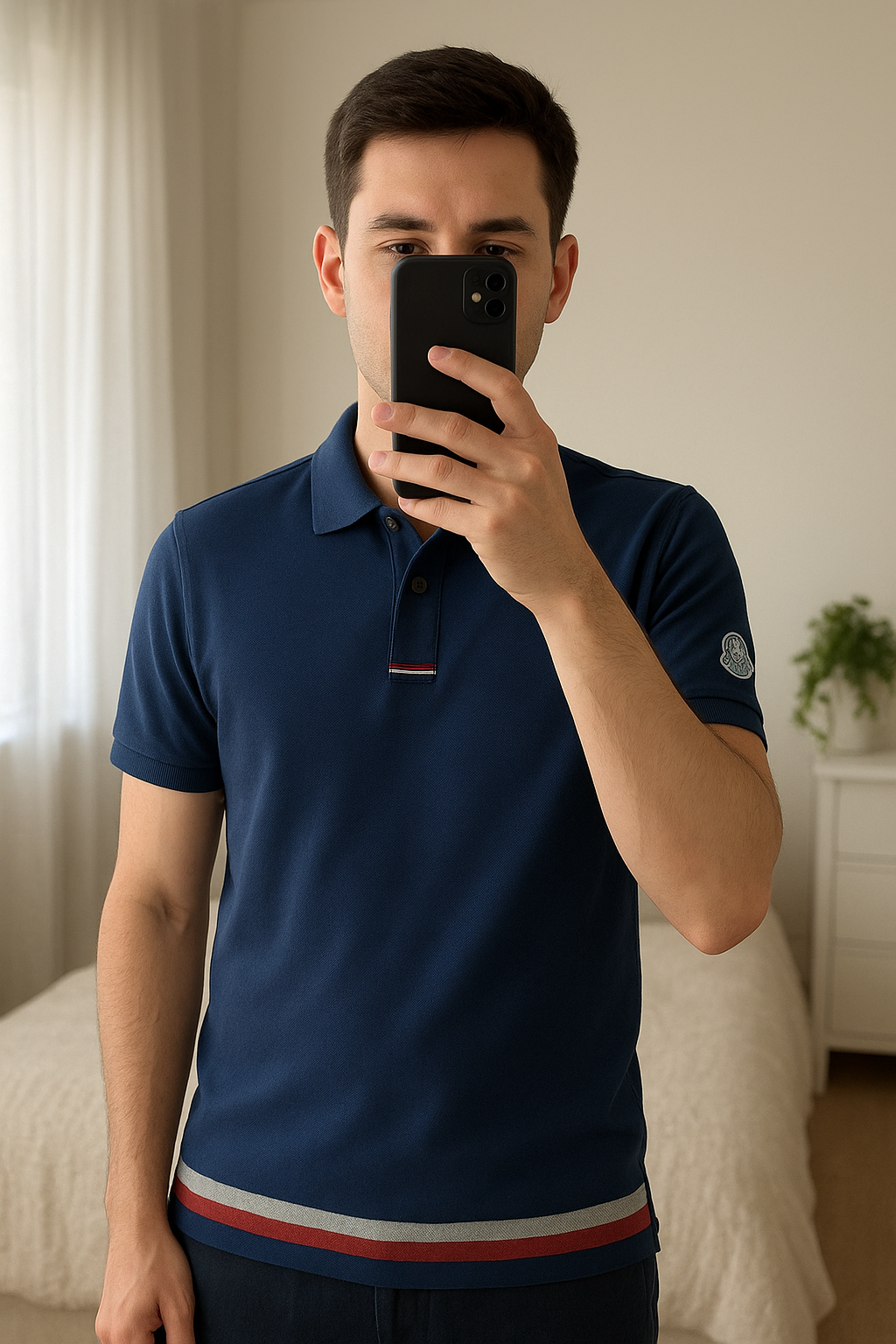Polo Moncler debout, face à la caméra, dans une chambre à la lumière douce, avec une lumière naturelle filtrant par la fenêtre.