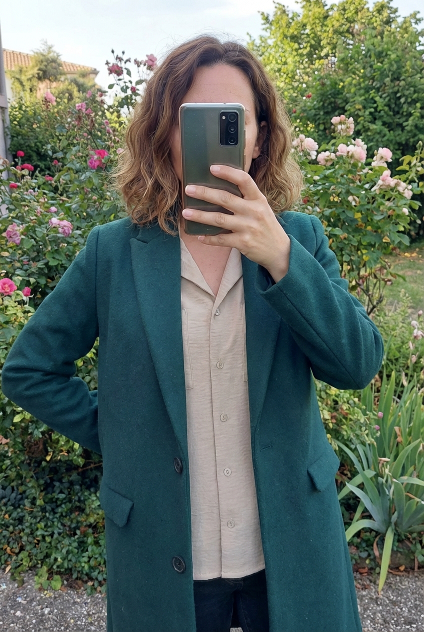 Une personne en Magnifique manteau coupe droite – couleur vert sapin cambrant légèrement le dos pour une pose dynamique, en extérieur, dans un cadre naturel entouré de verdure et de lumière douce.