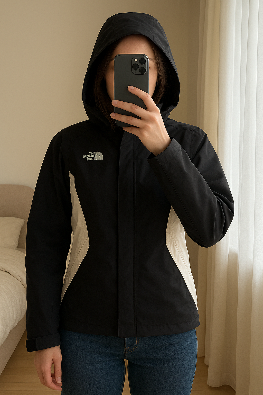 Veste The North Face Fille debout, face à la caméra, dans une chambre à la lumière douce, avec une lumière naturelle filtrant par la fenêtre.