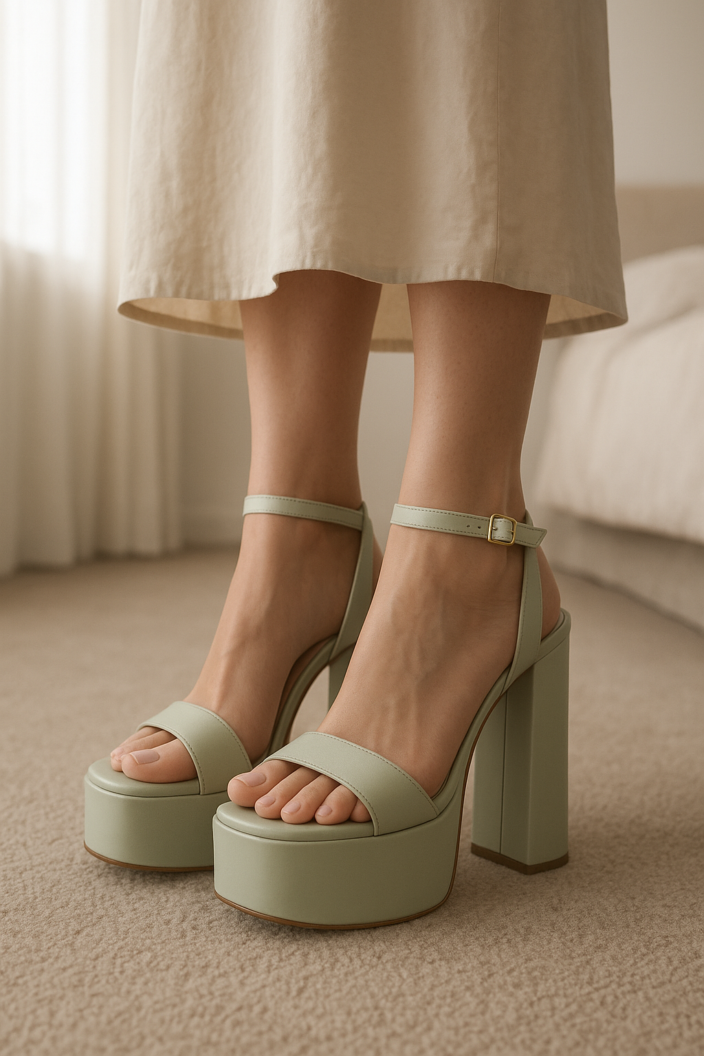 Simmi 5 inch heels standing straight facing the camera, in a softly lit bedroom setting, with gentle natural light filtering through a window.