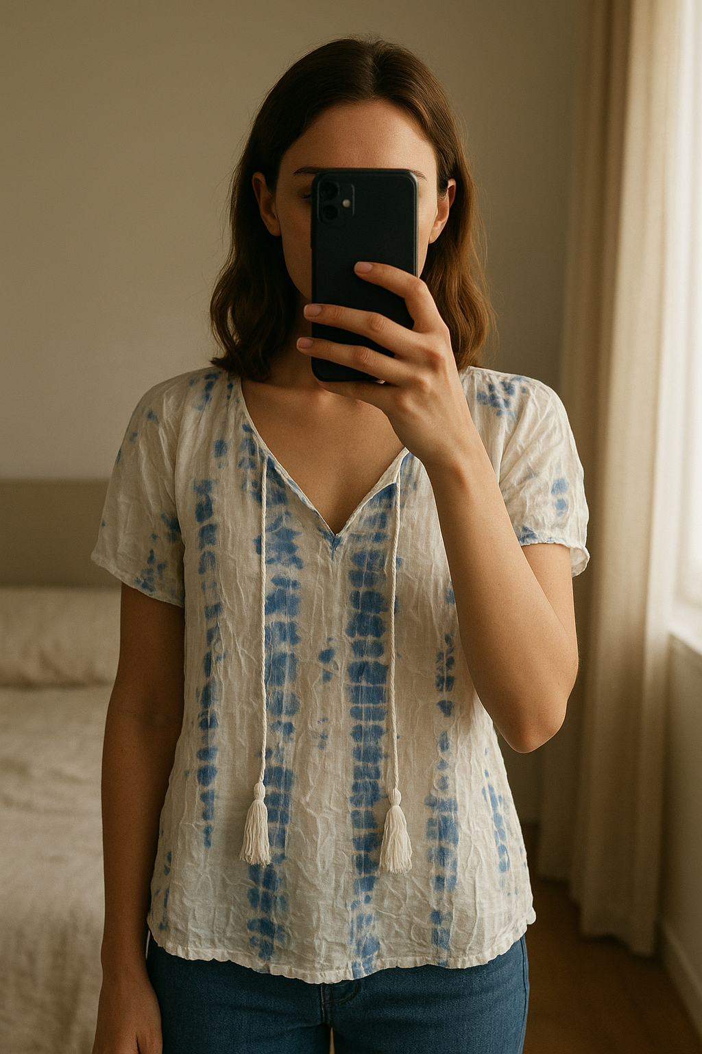 Haut tape à l’œil debout, face à la caméra, dans une chambre à la lumière douce, avec une lumière naturelle filtrant par la fenêtre.