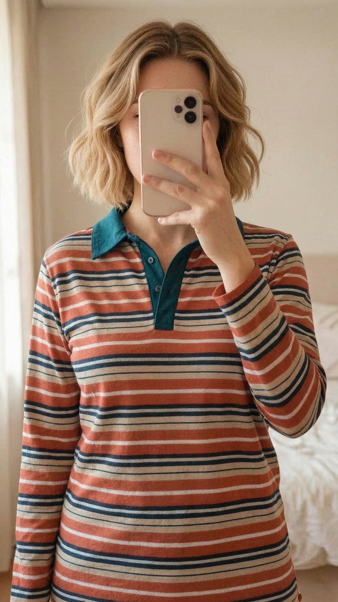 Polo, camisola de mangas compridas, riscas, tamanho L. Marca Oxigénio em pé, de frente para a câmera, em um quarto com iluminação suave e luz natural filtrando pela janela.