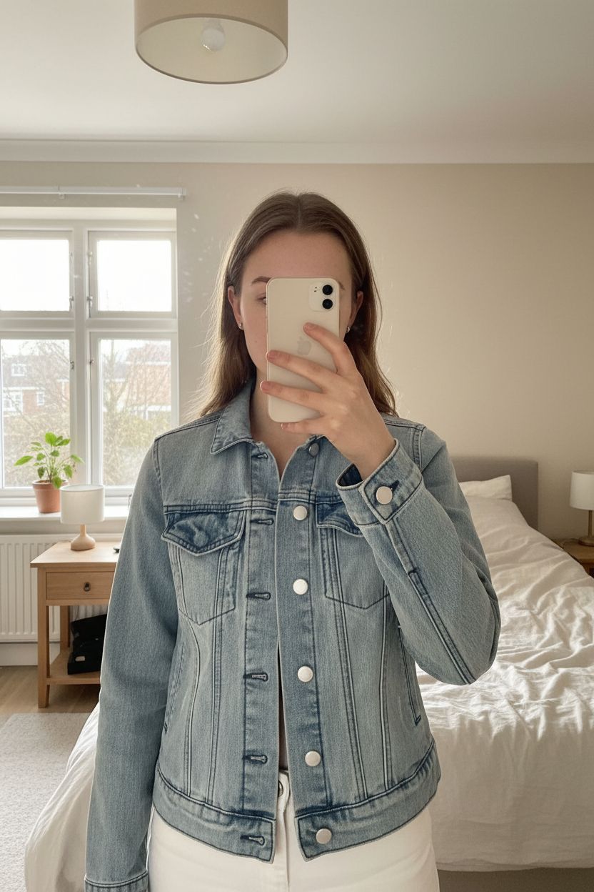 Denim jacket standing straight facing the camera, in a softly lit bedroom setting, with gentle natural light filtering through a window.