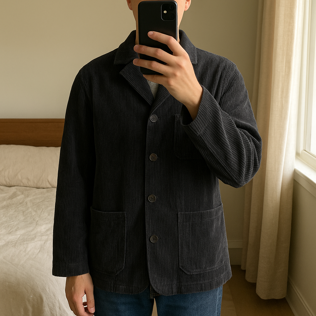 Blazer COS in velluto a coste blu navy taglia S in piedi, rivolto verso la fotocamera, in una camera da letto con luce soffusa e luce naturale che filtra dalla finestra.