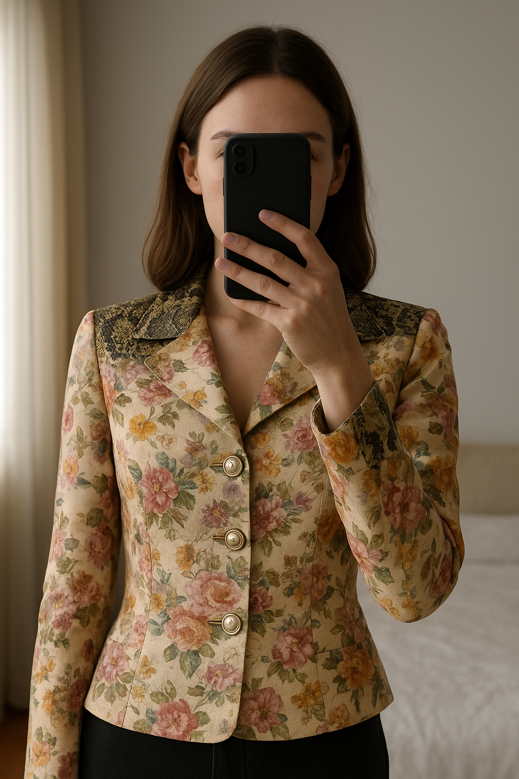 Extraordinary Blazer - Dolce & Gabbana - stunning condition em pé, de frente para a câmera, em um quarto com iluminação suave e luz natural filtrando pela janela.