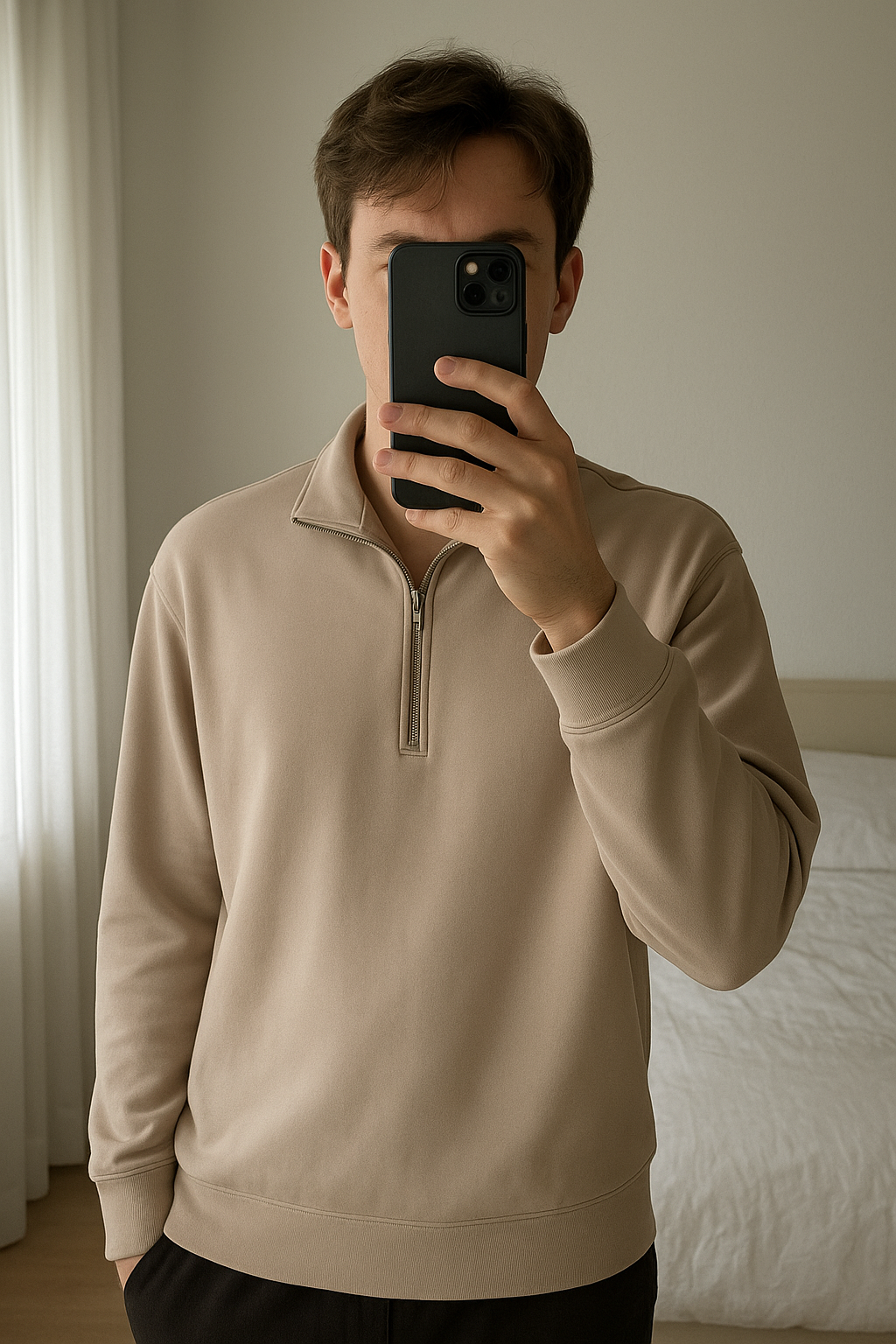Sweat half zip debout, face à la caméra, dans une chambre à la lumière douce, avec une lumière naturelle filtrant par la fenêtre.