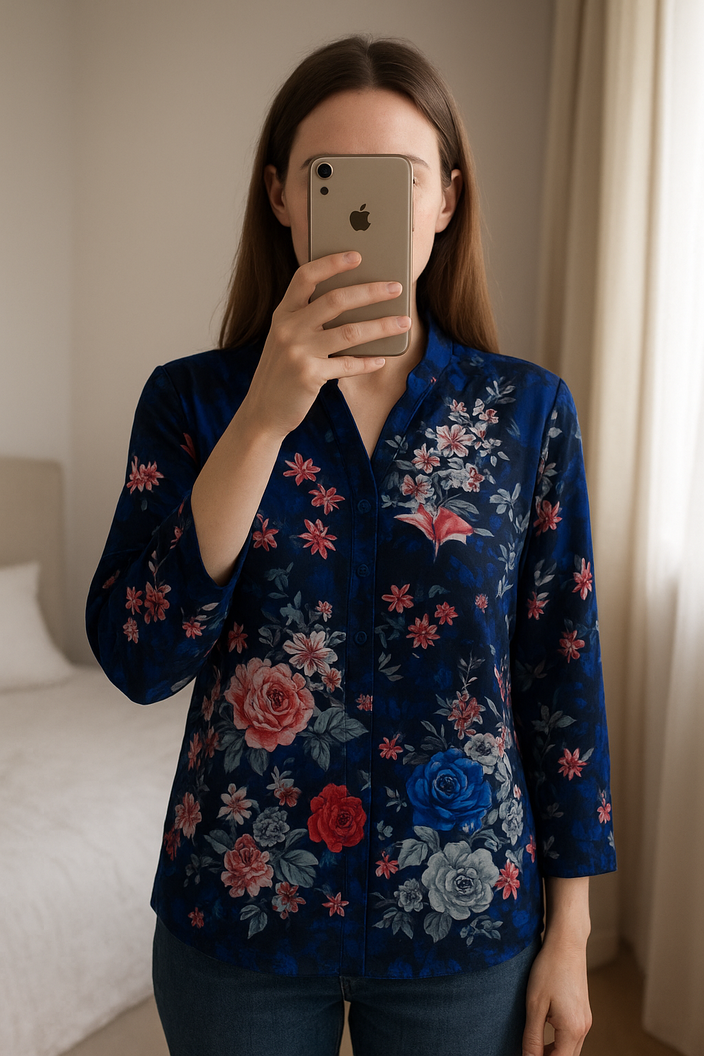 Chemisier Zara neuf avec étiquette. Taille S debout, face à la caméra, dans une chambre à la lumière douce, avec une lumière naturelle filtrant par la fenêtre.