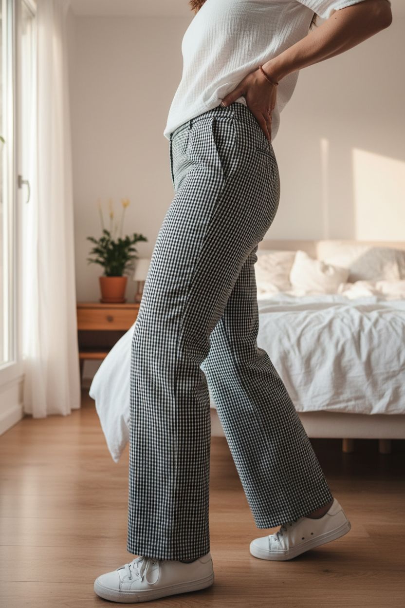 Une personne en Joli pantalon cintré à carreaux Zara cambrant légèrement le dos pour une pose dynamique, dans une chambre à la lumière douce, avec une lumière naturelle filtrant par la fenêtre.