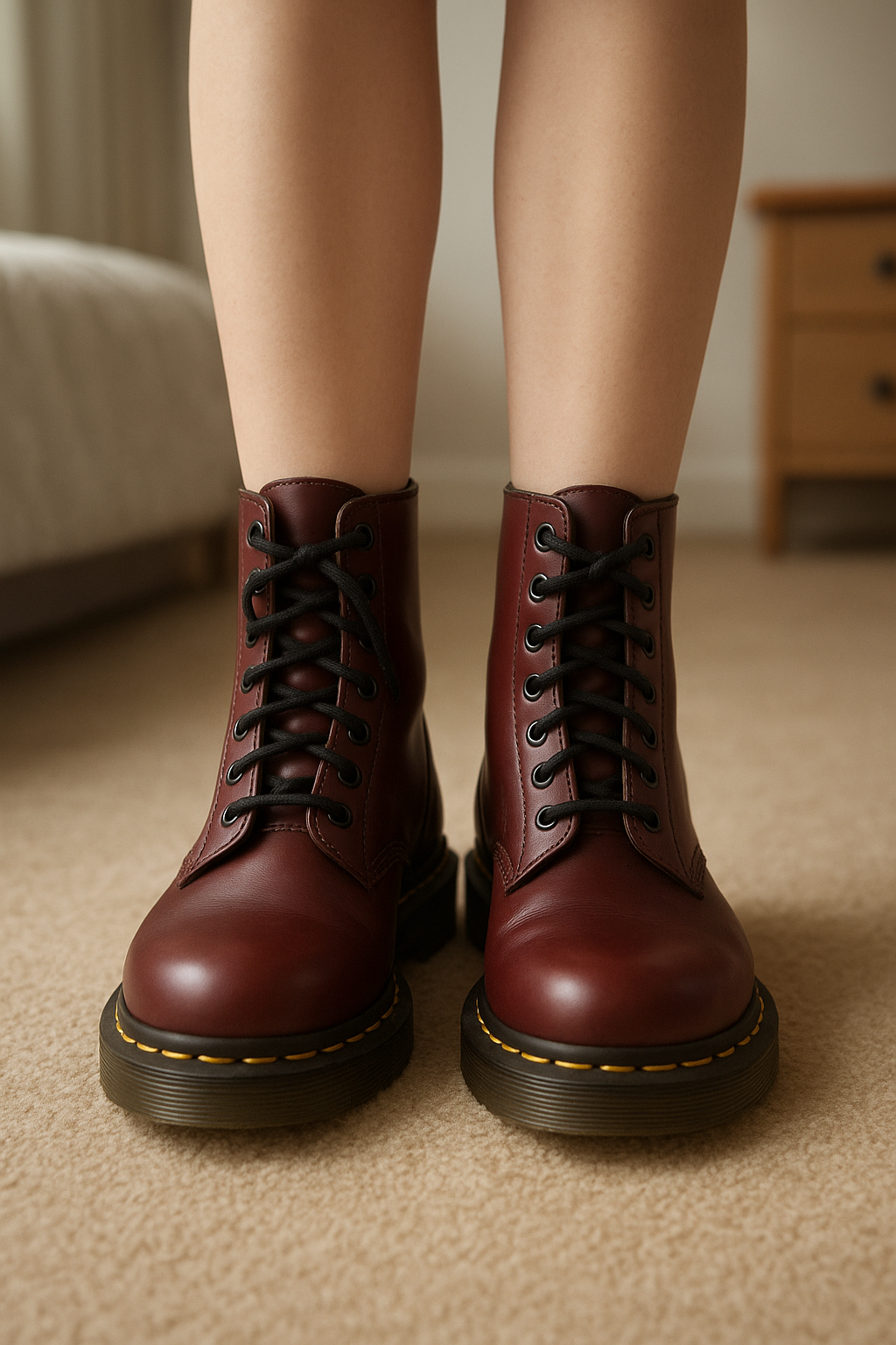 Dr. martens boots 1460 debout, face à la caméra, dans une chambre à la lumière douce, avec une lumière naturelle filtrant par la fenêtre.