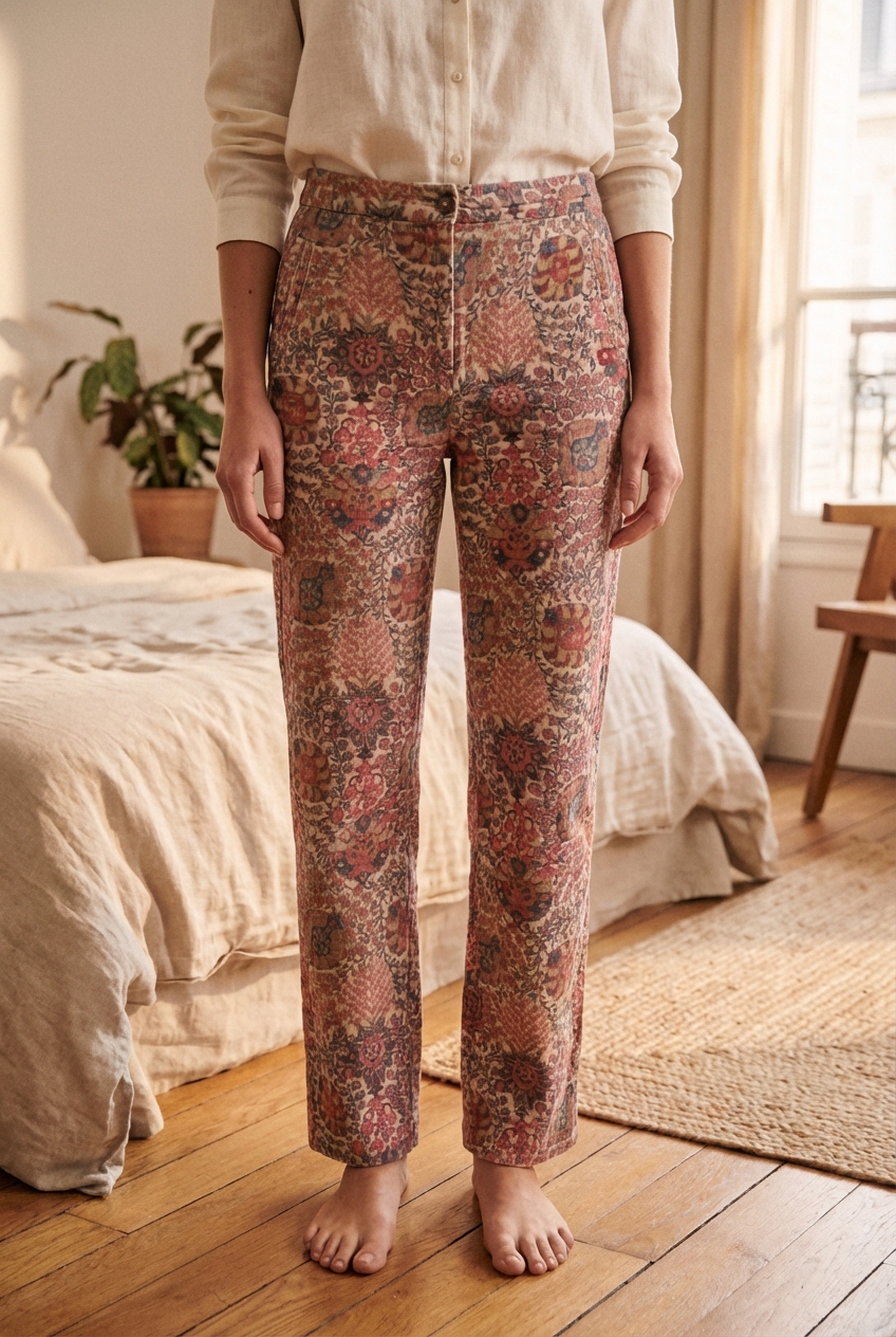 Pantalon Sézane imprimé tapis / floral – T38 debout, face à la caméra, dans une chambre à la lumière douce, avec une lumière naturelle filtrant par la fenêtre.