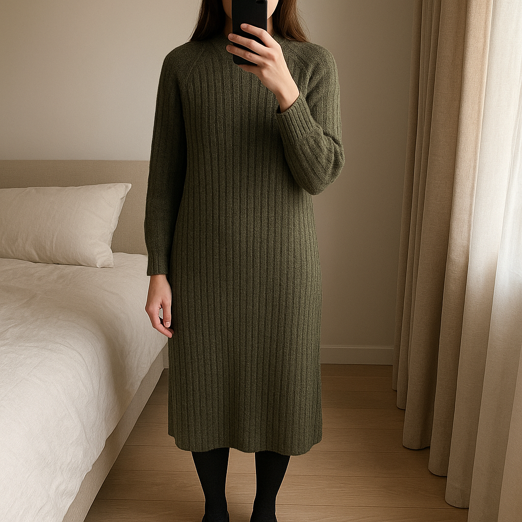 Topshop jumper dress standing straight facing the camera, in a softly lit bedroom setting, with gentle natural light filtering through a window.