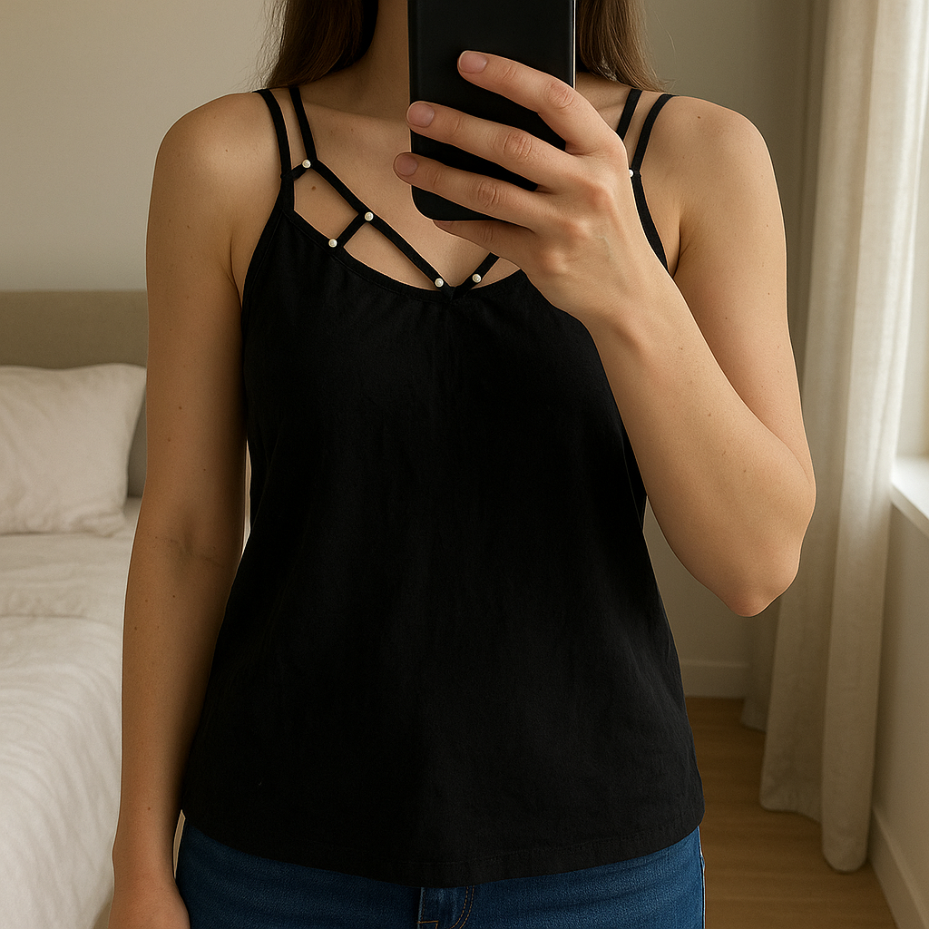 Damen Top Schwarz mit Zierträgern Größe XL Shein Curve aufrecht stehend, der Kamera zugewandt, in einem sanft beleuchteten Schlafzimmer, mit natürlichem Licht, das durch ein Fenster fällt.