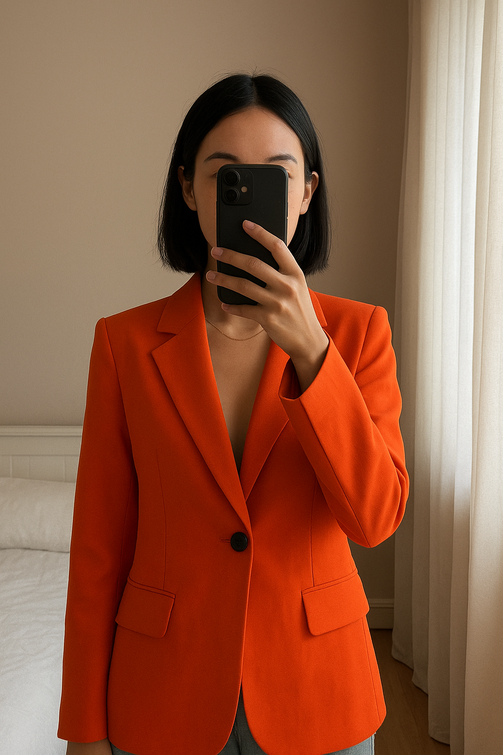 Veste blazer orange vif – coupe oversize debout, face à la caméra, dans une chambre à la lumière douce, avec une lumière naturelle filtrant par la fenêtre.