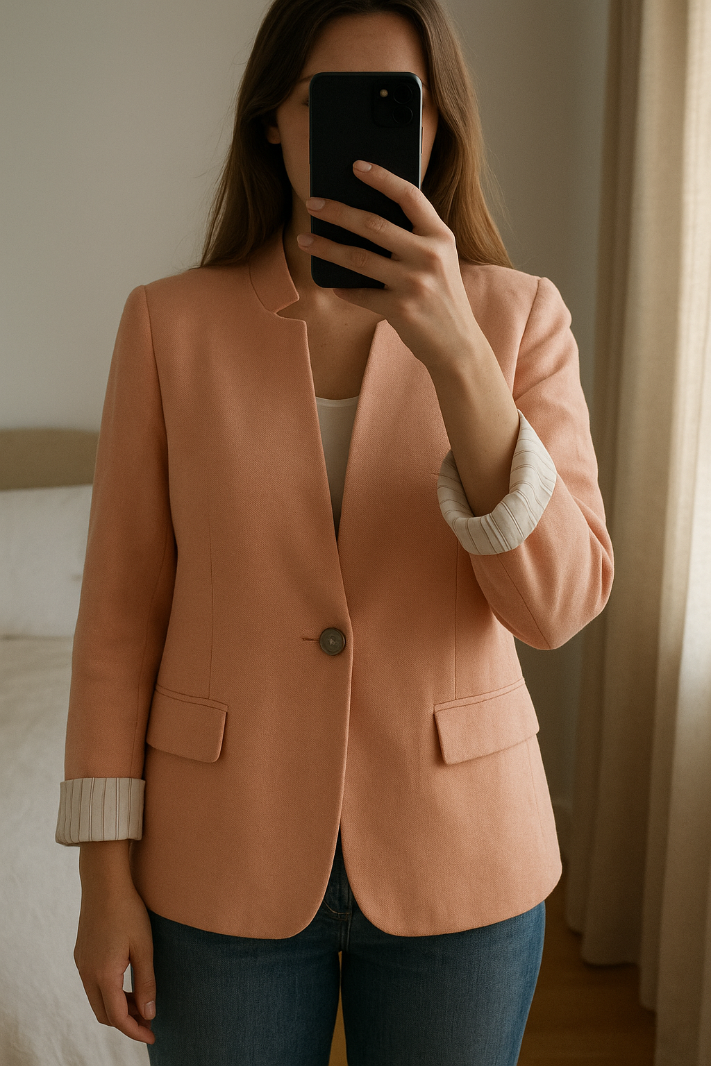 Blazer donna Canaieu color rosa, misura 46 in piedi, rivolto verso la fotocamera, in una camera da letto con luce soffusa e luce naturale che filtra dalla finestra.