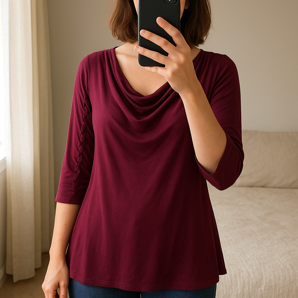 Magnifique Haut grande taille prune tressé aux manches debout, face à la caméra, dans une chambre à la lumière douce, avec une lumière naturelle filtrant par la fenêtre.