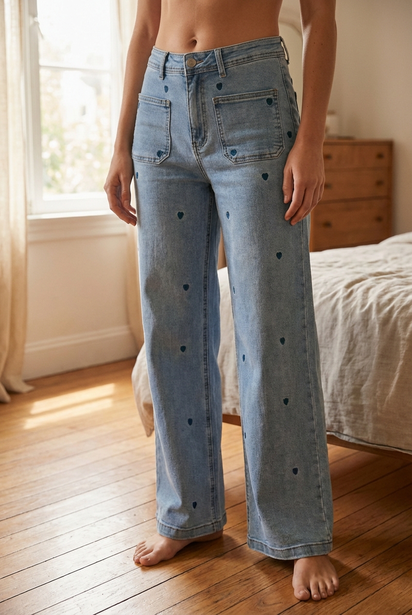 Jean femme 40 Miss Bon debout, face à la caméra, dans une chambre à la lumière douce, avec une lumière naturelle filtrant par la fenêtre.