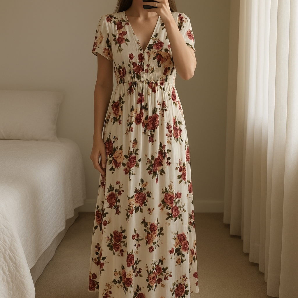 Rusttydustty spring and summer dress size L standing straight facing the camera, in a softly lit bedroom setting, with gentle natural light filtering through a window.