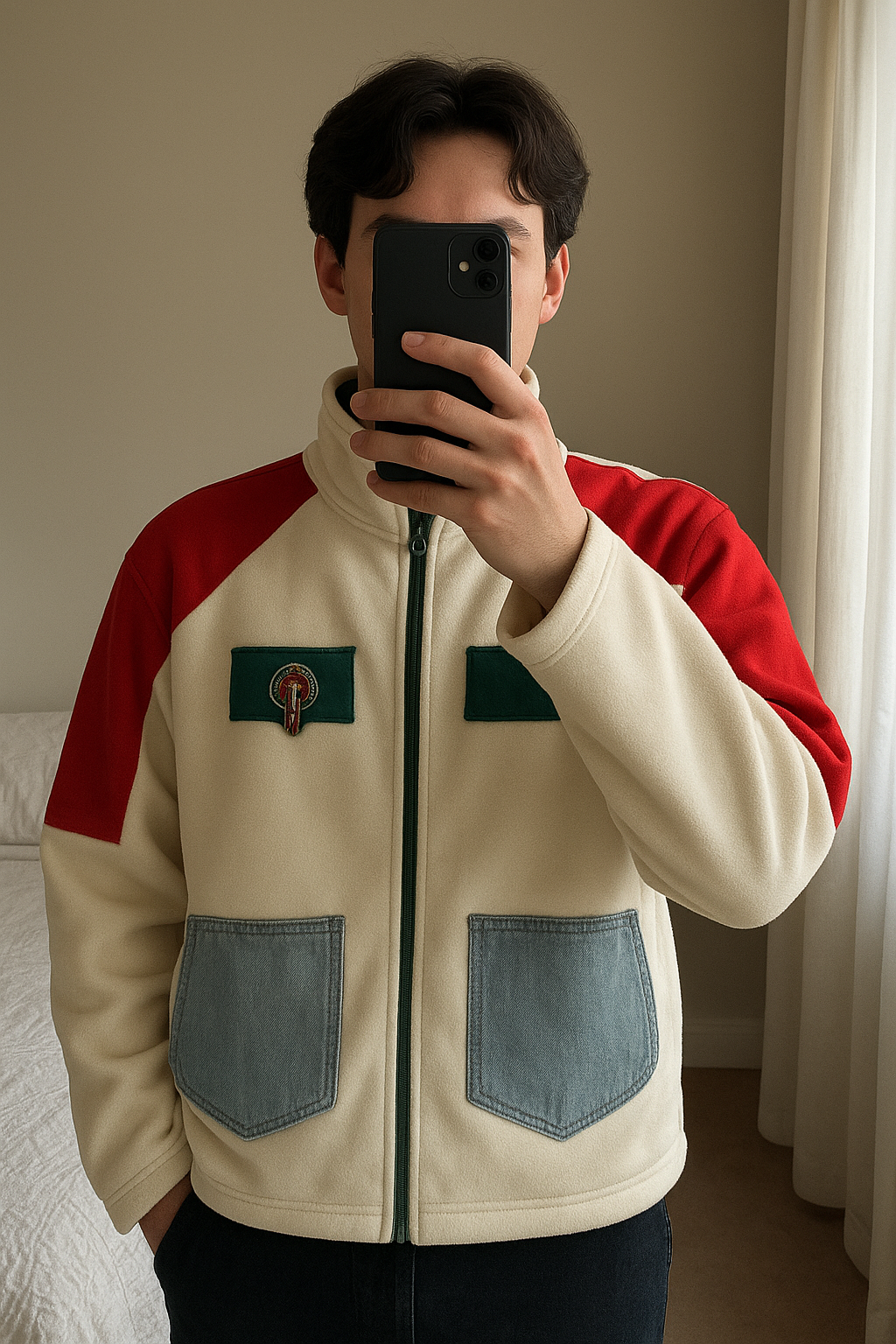 Gilet maillot Maroc debout, face à la caméra, dans une chambre à la lumière douce, avec une lumière naturelle filtrant par la fenêtre.