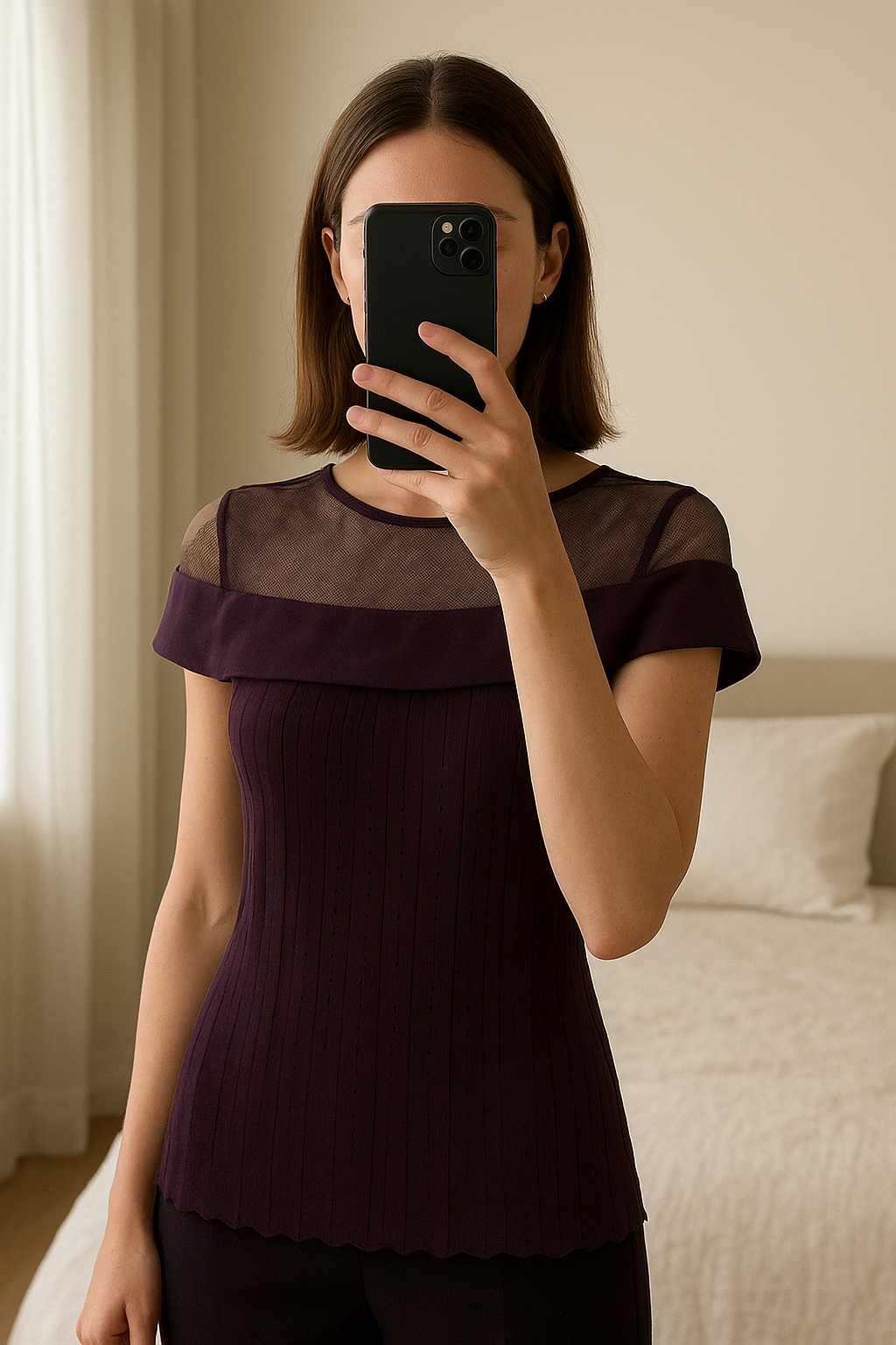 Très joli top morgan debout, face à la caméra, dans une chambre à la lumière douce, avec une lumière naturelle filtrant par la fenêtre.