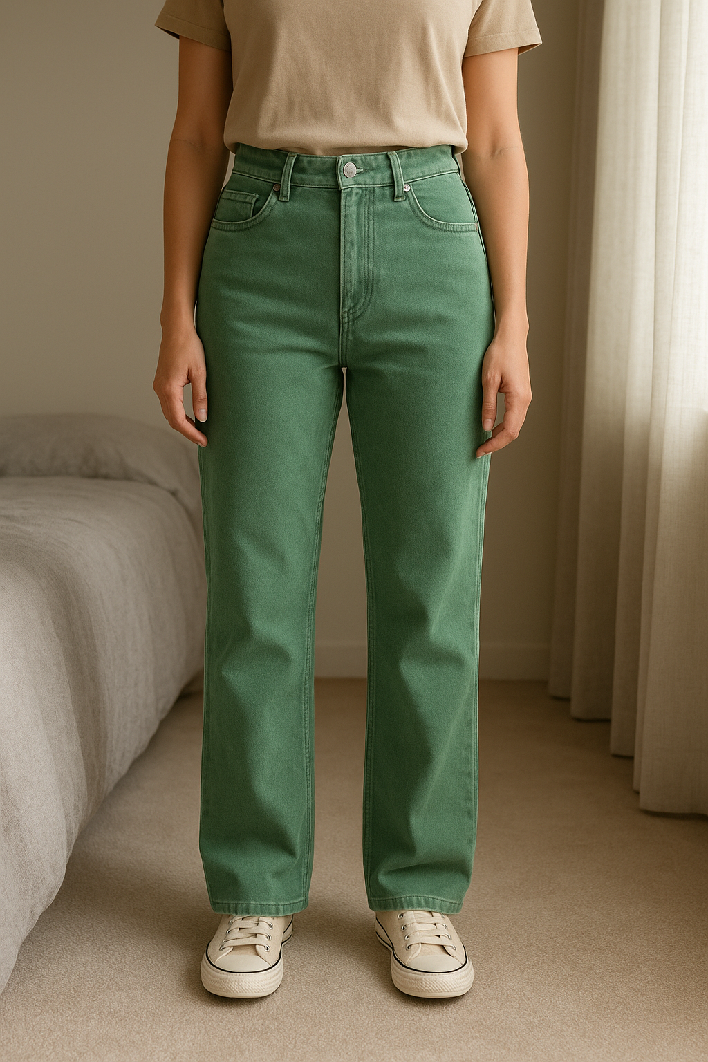 Jean Jennyfer, taille 38. debout, face à la caméra, dans une chambre à la lumière douce, avec une lumière naturelle filtrant par la fenêtre.