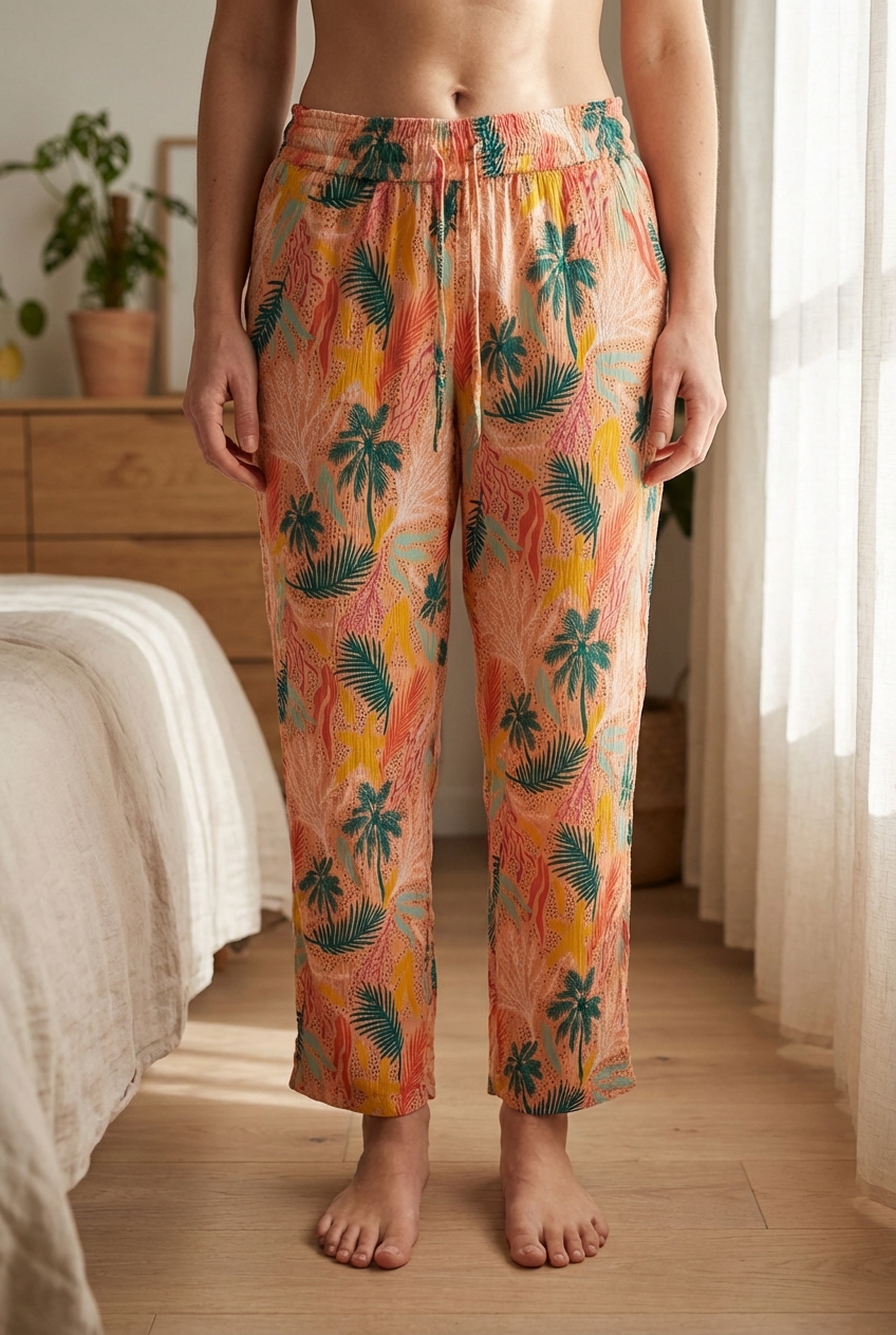 Pantalon femme damart taille 42 debout, face à la caméra, dans une chambre à la lumière douce, avec une lumière naturelle filtrant par la fenêtre.