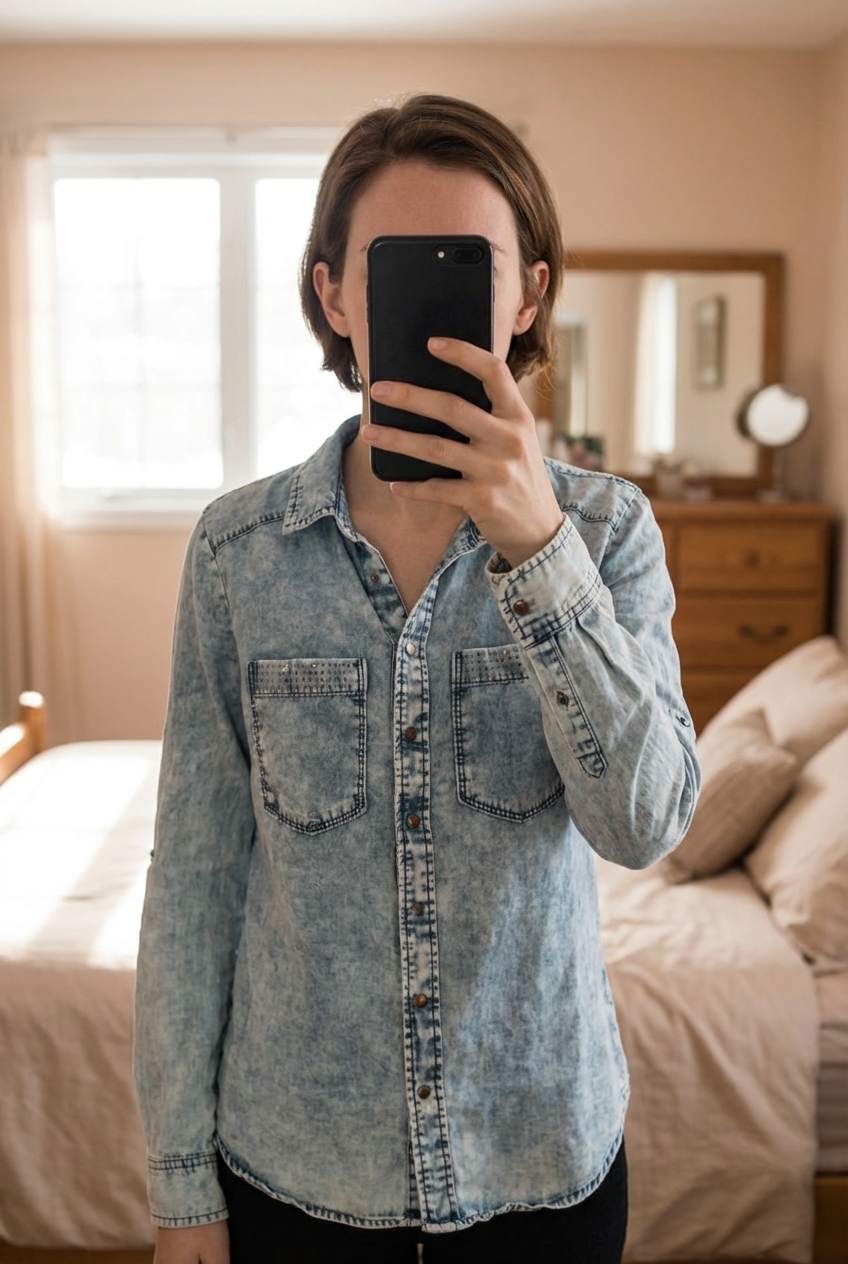 Jeans shirt debout, face à la caméra, dans une chambre à la lumière douce, avec une lumière naturelle filtrant par la fenêtre.